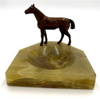 Painted Bronze Horse in Onyx Dish