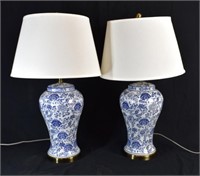 Pair Safavieh White and Blue Blossom Lamp