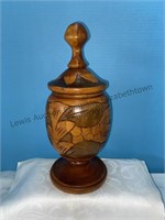 Hand turn carved wooden lidded urn