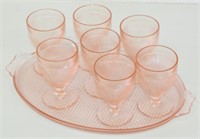 Pink Depression Platter w/7 Stemmed Glasses
