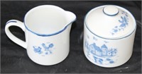 Blue & White Sugar Bowl w/Lid & Creamer