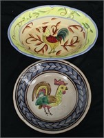Pair of Rooster Painted Dishes