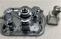 TEA SET WITH TRAY & PEWTER DECANTER