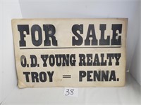 Old Cardboard Realty Sign, TROY = PENNA.
