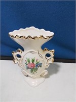 Two handled porcelain vase white and gold 6 in