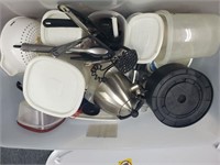 Tote full of kitchenware, miscellaneous