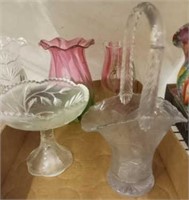 COLORED VASE, CUP, GLASS COMPOTE AND BASKET