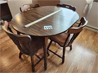 TABLE & 4 CHAIRS- WORN- 47X36X29H W/ 12 IN LEAF