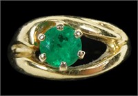 14K Yellow gold round cut natural emerald ring,