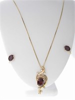 14K Gold Lady's Garnet Necklace and Earrings