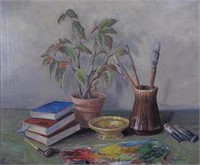 Robert J Doyle 25x30 O/C Still Life, Paints, Books