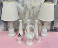 11 - TABLE LAMPS, VASES, BASKET, S&P SHAKERS