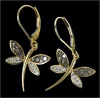 14K Yellow gold lever back earrings with dragonfly