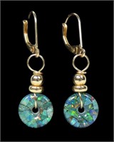 14K Yellow gold lever back earrings with lab opal