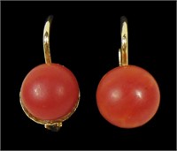 18K Yellow gold coral bead lever back earrings,