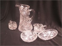 Five pieces of vintage cut glass: 10 1/2" water