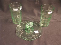 Three pieces of green Depression glass: pair of