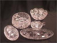 Five pieces of vintage cut glass: two