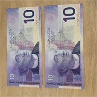 2-2001 Canadian $10 bills w consecutive serial