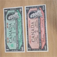 1967 1 dollar bill and 1954 2 dollar bill