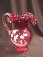 Fenton10" cranberry Mary Gregory-style water