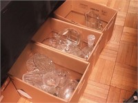 Three boxes of mostly cut and clear glassware