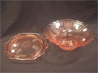 Two pink Mayfair Depression glass items: 11 1/2"