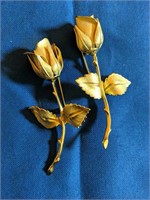 Gold tone rose broaches, signed Giovanna