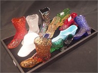 15 colored glass shoes and boots, some