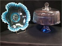 Blue glass cake stand with clear glass dome and