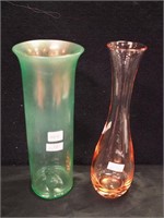 Two 10" vases: one is iridescent green (glows)