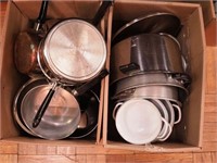 Two boxes of pots and pans including