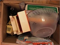 Box of kitchen items including hand mixer,