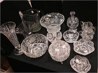 13 pieces cut and pressed glass including 10"