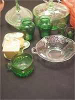 Nine vintage items, mostly green glass
