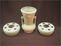 Three matte green art pottery items: 10"