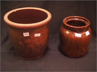 Two pieces of brown stoneware: 6 1/2" jar