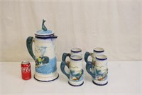 Decorative Nautical Ceramic Stein w/ 4 Mugs