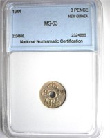 1944 3 Pence NNC MS-63 New Guinea