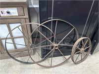 3 antique wagon wheels. 26, 24” and a 16”