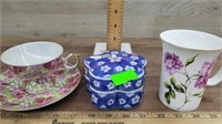 Cup and Saucer/ Blue covered dish/ Coffee mug