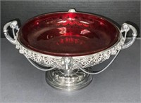 Silver Plate Stand with Red Serving Bowl