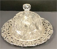 Cut Crystal Butter Dish with Silver Plate Base