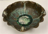 Unusual Pottery Bowl with Drip Glaze and Frogs