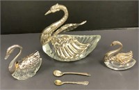 Three Crystal and Silver Swans