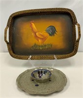 Hand-Painted Rooster Tray, Pottery Chip n Dip