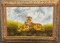 Signed Oil on Canvas Tiger and Cub