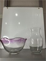 Two Glass Decor Items-Scalloped Purple Bowl & Vase