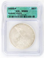 Coin 2005-P Marine Corps Silver Dollar ICG MS69