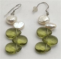 Sterling Silver Green Stone & Pearl Earrings